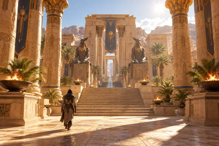 Une cour de temple désertique en grès avec des piliers et des escaliers, vue de manière symétrique sous un soleil éclatant, dans un style de jeu vidéo.
