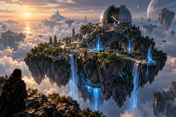 Une île de science-fiction flottante avec un observatoire et des lumières bleues, vue d’en haut dans une ambiance atmosphérique soignée de jeu vidéo.