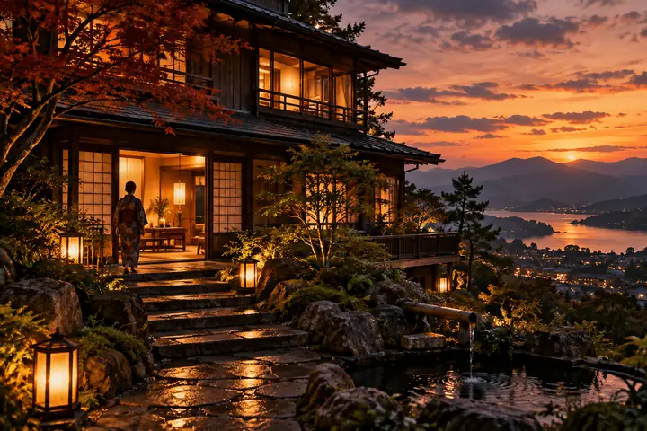 Une maison chaleureuse d’inspiration japonaise sur une colline, avec du bois sombre et des lanternes, vue de face dans une ambiance vespérale chaleureuse.