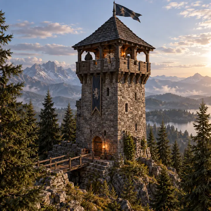 Une petite tour de guet médiévale en pierre parmi des épicéas, présentée selon une vue trois quarts centrée, dans une ambiance sereine de jeu vidéo.