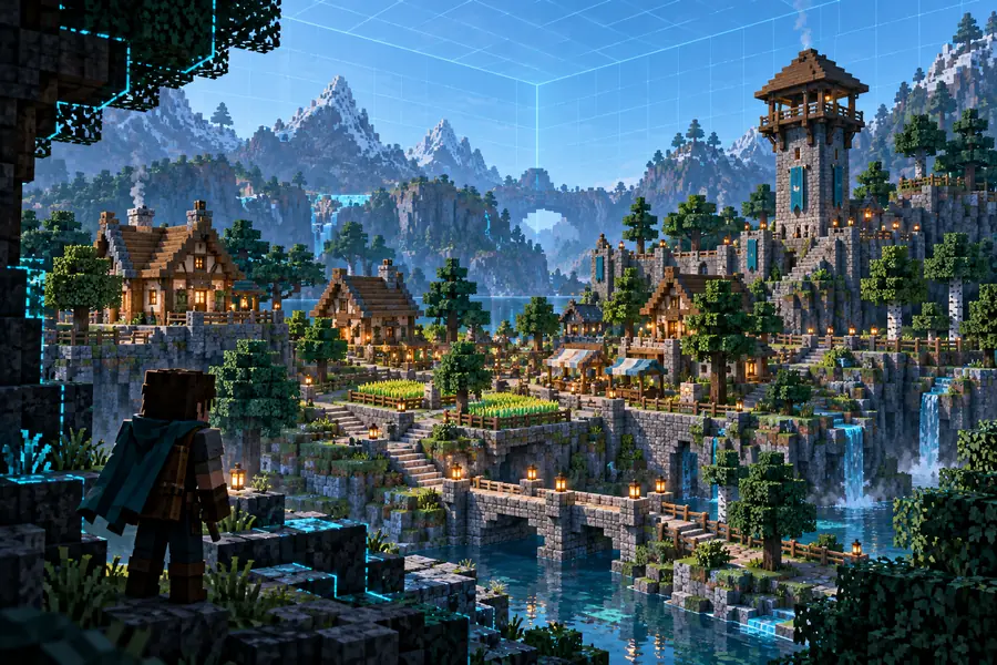Block-based Minecraft build derived from a 3D model